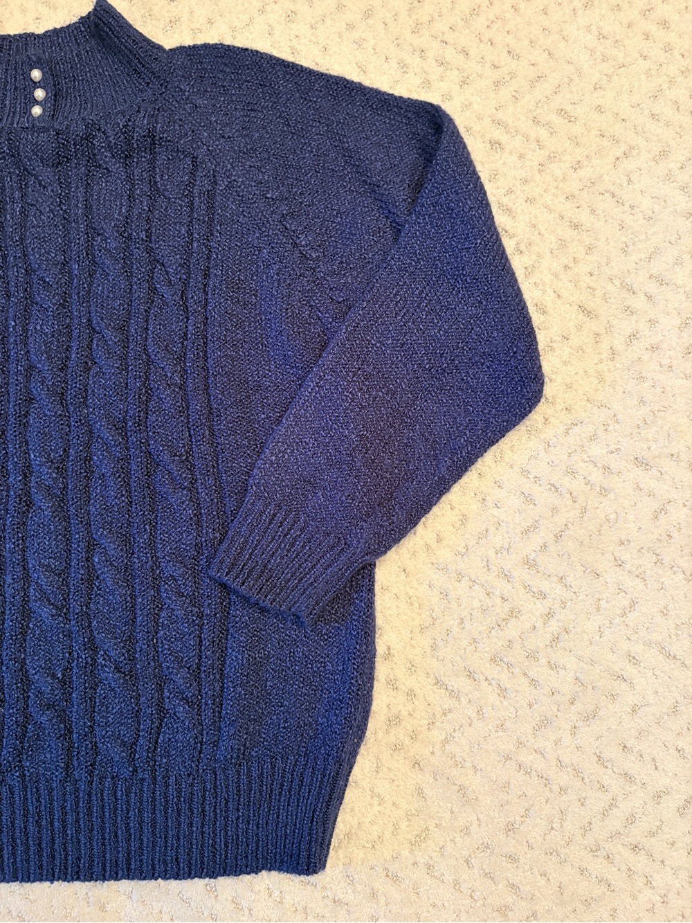 Vintage Blue Rough Cable Knit Sweater Size M Mock Neck With Faux Pearl Buttons - Picture 6 of 9